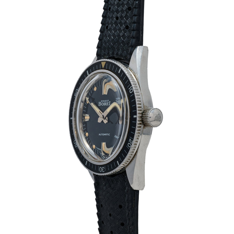 Ernest Borel automatic dive watch with dark dial, applied indices, and black rubber strap.