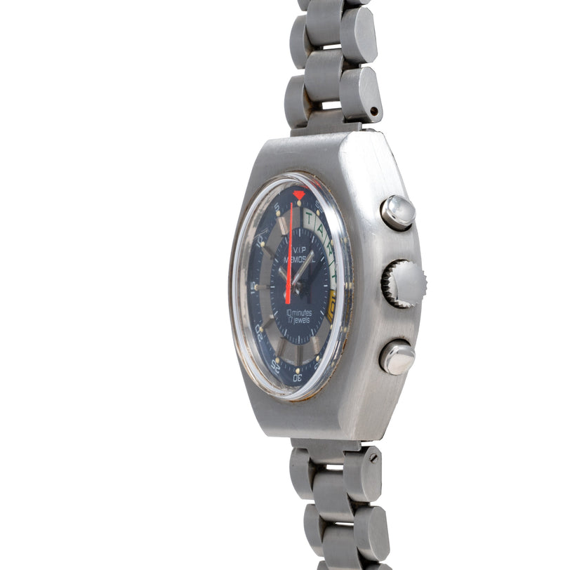 Silver regatta timer watch with dark blue dial, red hand, three pushbuttons, and linked metal bracelet.