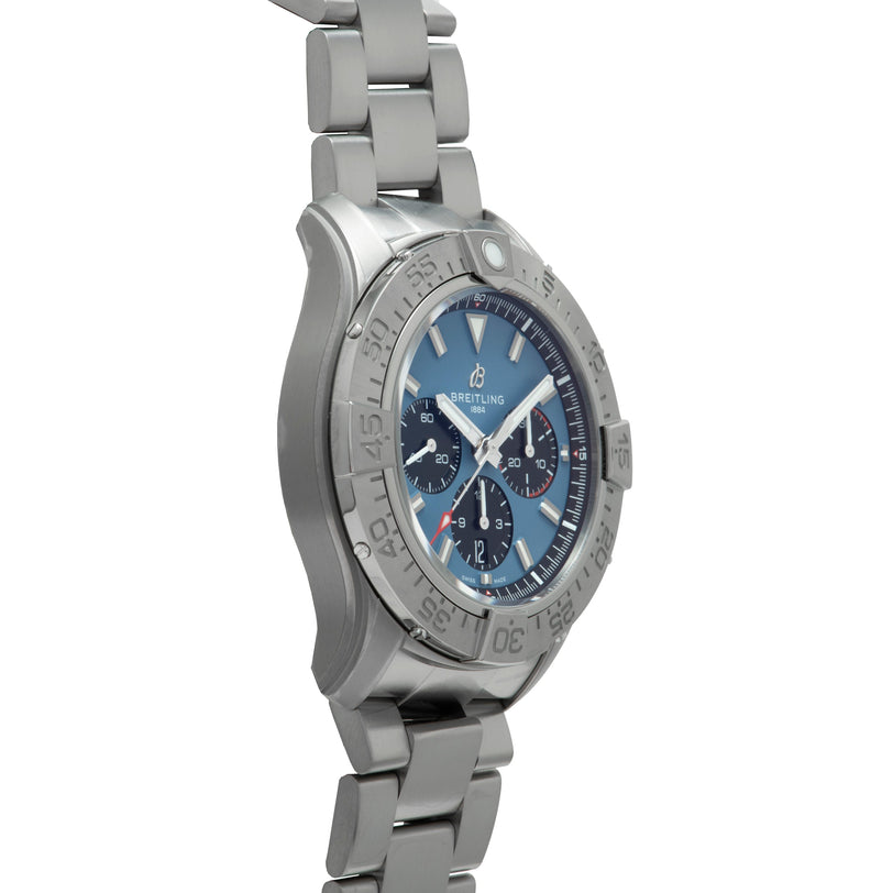 Stainless steel chronograph watch with blue dial, three subdials, white hour markers, and matching metal bracelet.