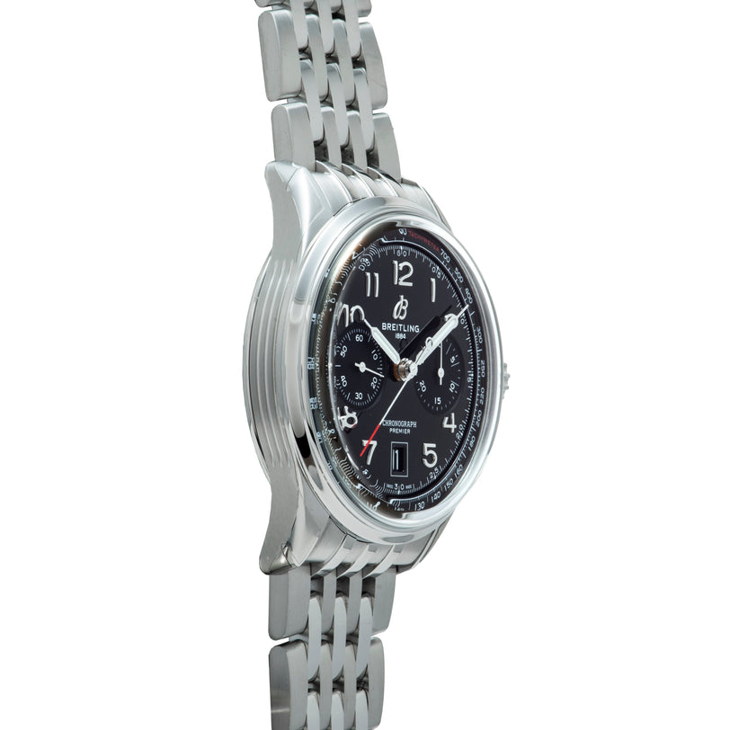Stainless steel chronograph watch with black dial, Arabic numerals, subsidiary dials, and linked metal bracelet.