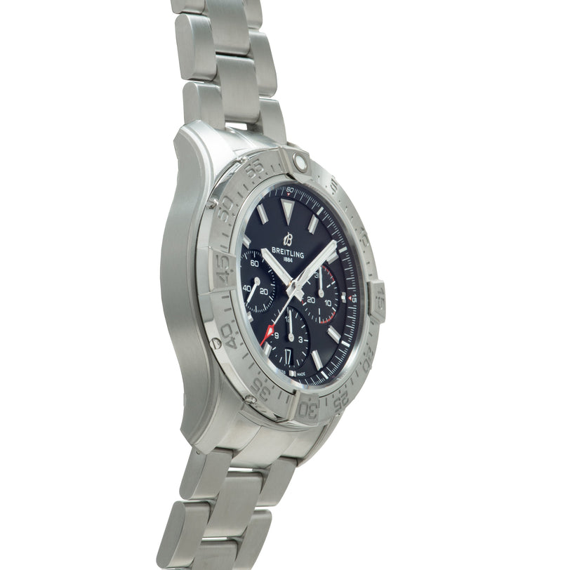 Stainless steel chronograph watch with black dial, white subdials, and matching metal bracelet.