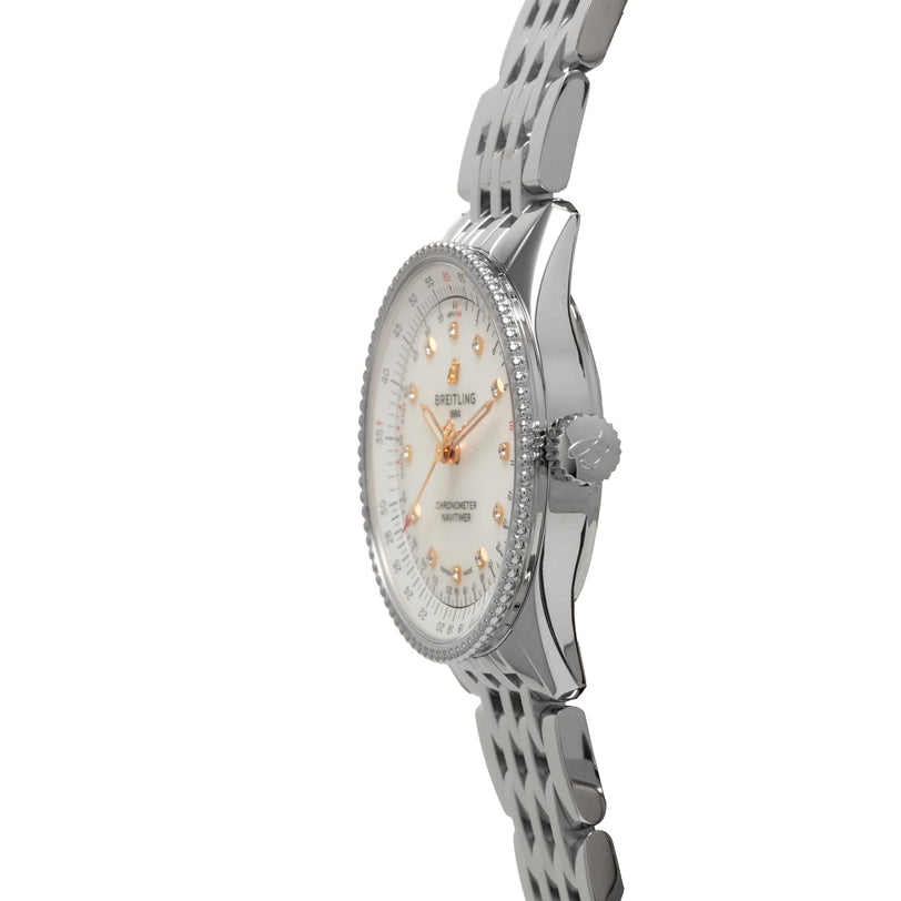 Breitling Navitimer 35 watch with mother-of-pearl dial, rose gold hour markers, steel case and bracelet.