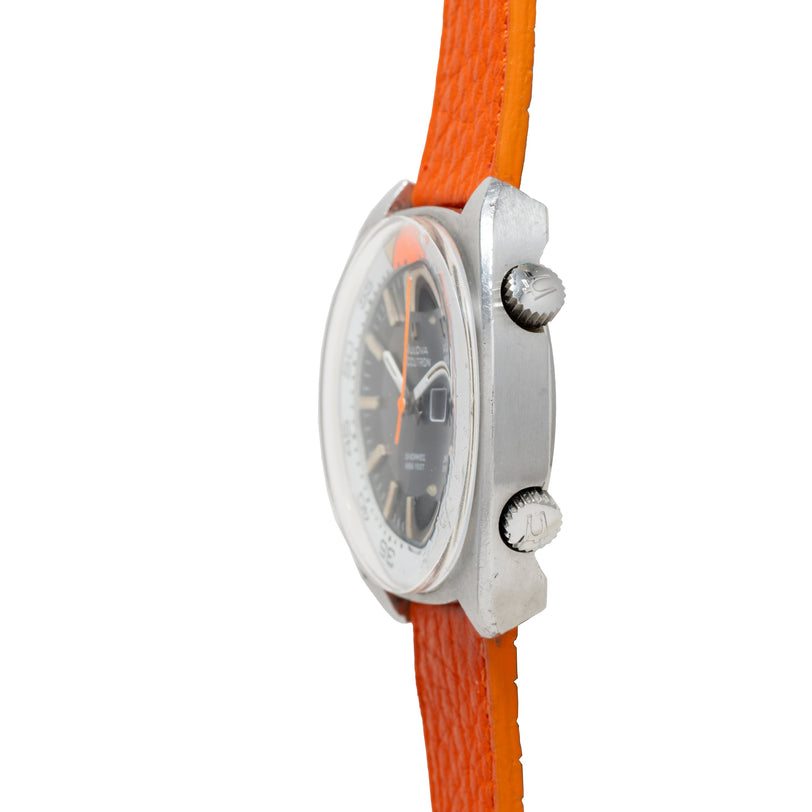 Silver-cased dive watch with dark dial, orange accents, and orange rubber strap, shown from the side profile.