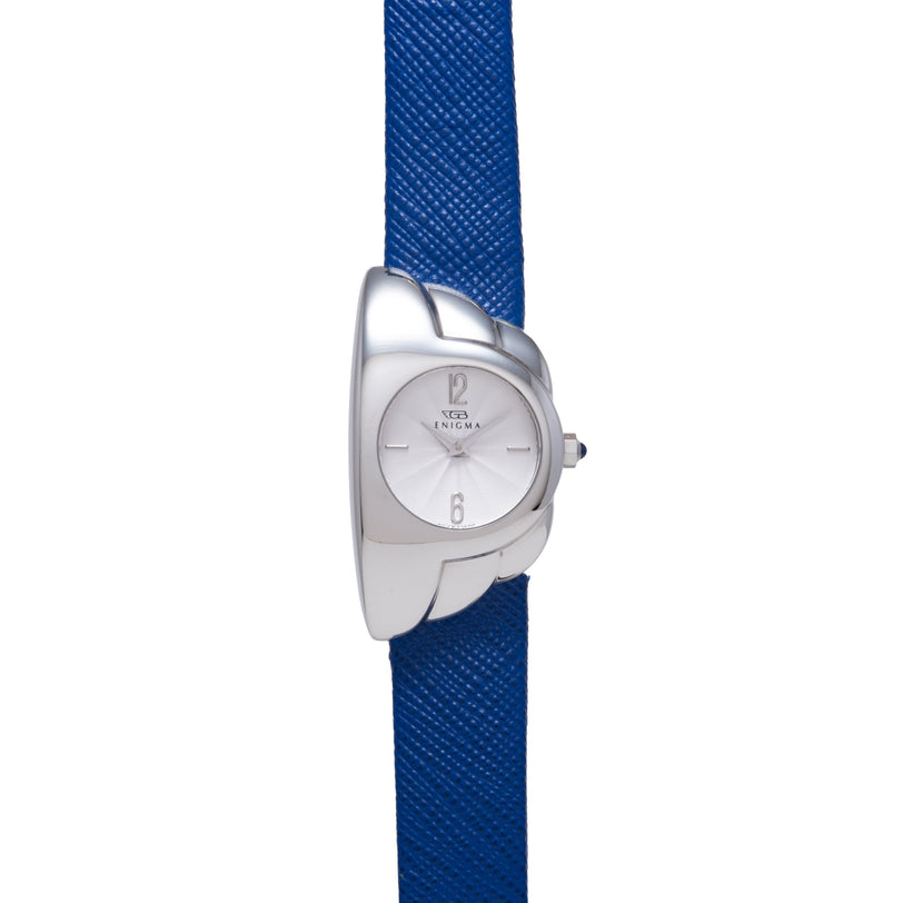 Silver-tone watch with curved claw-like case, white dial, and blue textured fabric strap.