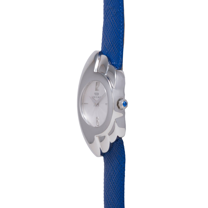 Silver-tone watch with claw-shaped bezel and blue fabric strap, featuring white dial and blue crown.