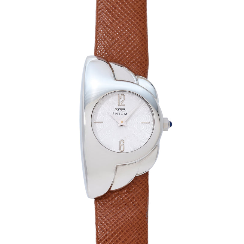 Silver-toned watch with curved claw-shaped case, white dial, and brown textured leather strap.
