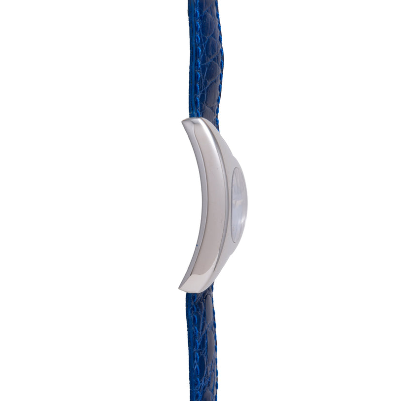White curved claw-shaped clip attached to blue textured cord or strap.