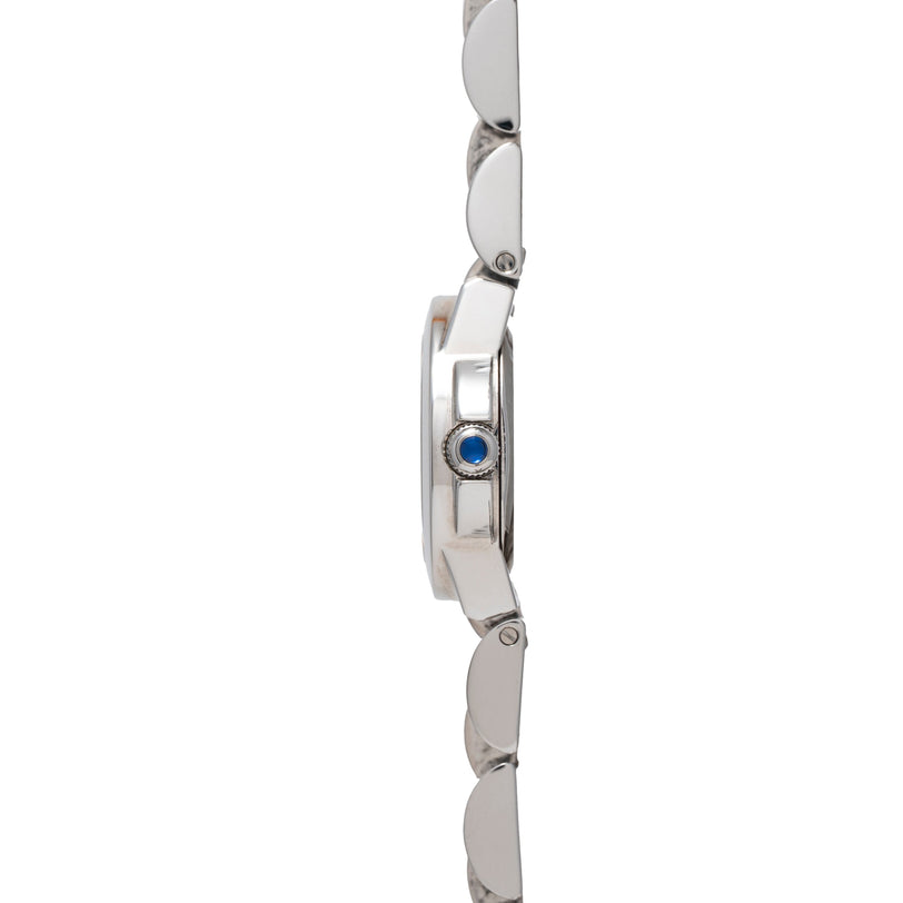 Silver-toned sports watch with blue accent detail on rectangular case and linked metal bracelet, shown from side view.