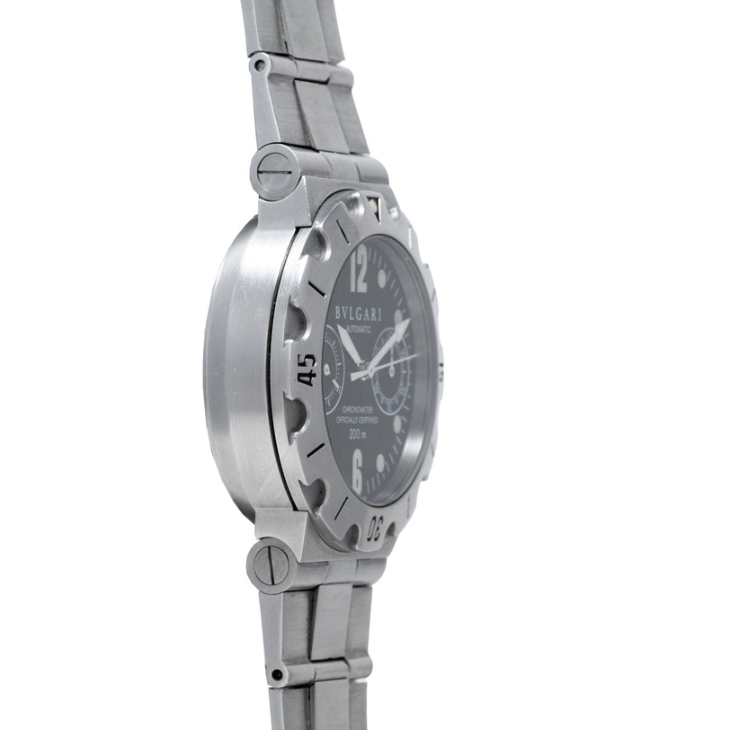 Silver-toned stainless steel chronograph watch with dark dial, Arabic numerals, and matching metal bracelet.