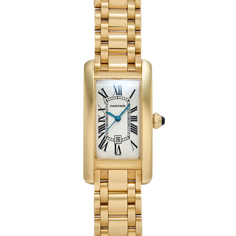 Gold-tone rectangular watch with white dial, Roman numerals, blue hands, and matching link bracelet.