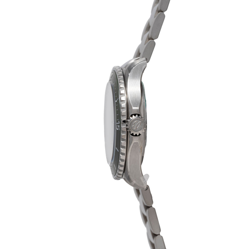 Stainless steel dive watch with rotating bezel, brushed case, and link bracelet shown from side profile.