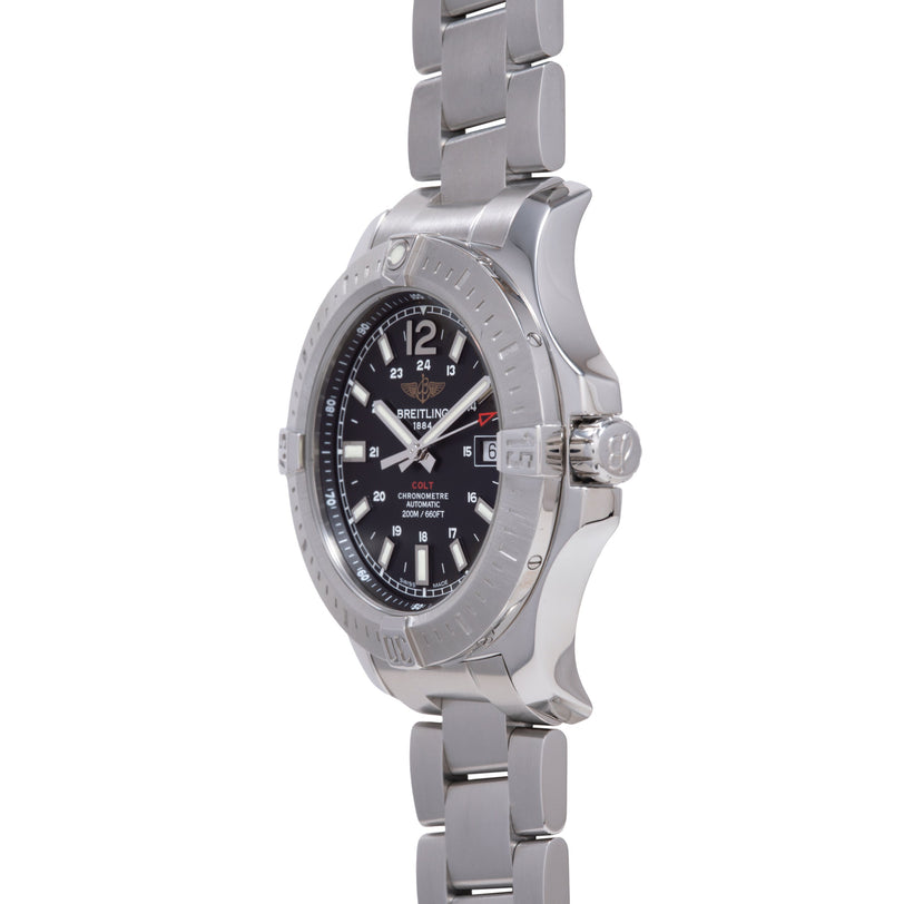 Breitling Colt stainless steel watch with black dial, white hour markers, date window, and matching metal bracelet.