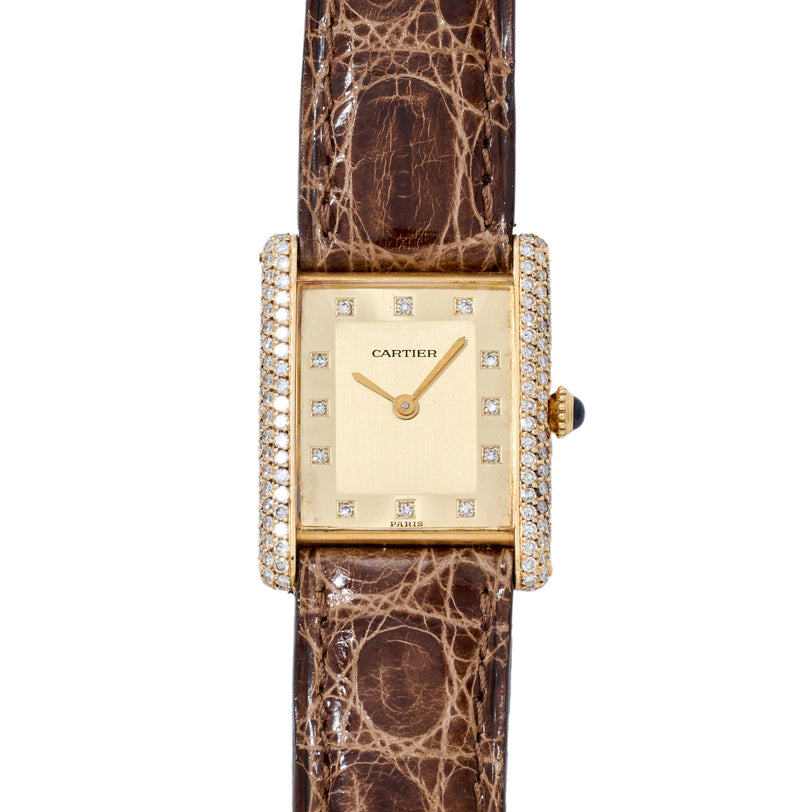 Cartier Tank LC watch with rectangular champagne dial, diamond-set bezel and hour markers, gold hands, and brown crocodile le