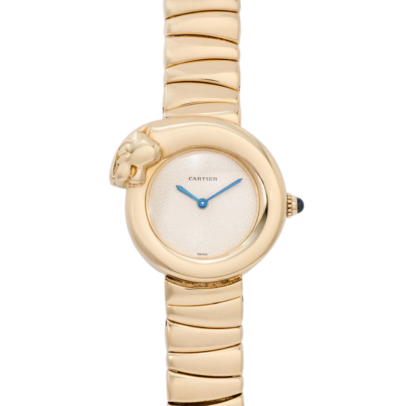 Gold-toned Cartier Panthère watch with cream dial, blue hands, and panther head detail on beige link bracelet.