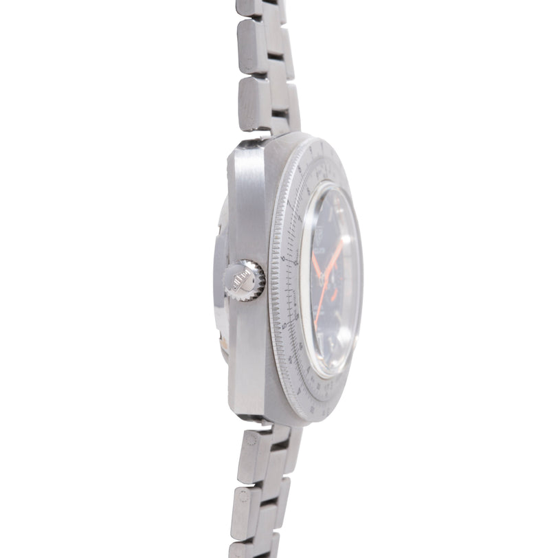 Stainless steel chronograph watch with metal bracelet, dark dial with orange accents, and rotating bezel with tachymeter scal