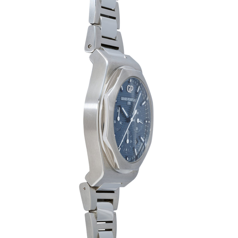 Girard-Perregaux Laureato Chronograph 42 with dark blue dial and stainless steel bracelet, shown from side angle.