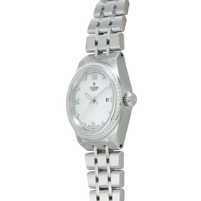 Tudor Royal stainless steel watch with silver dial, diamond bezel, and three-link bracelet.