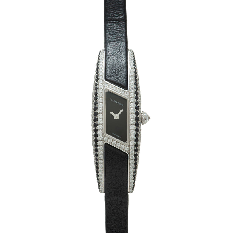 Cartier Himalia watch with rectangular black dial, diamond-set white metal case, and black leather strap.
