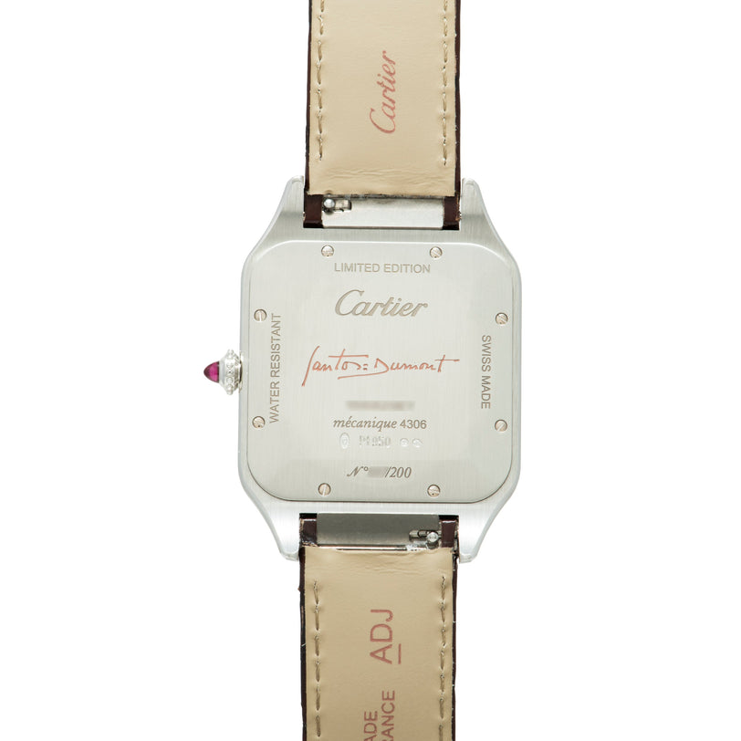 Cartier Santos Dumont limited edition watch with square silver case, cream leather strap, and purple crown, back view showing