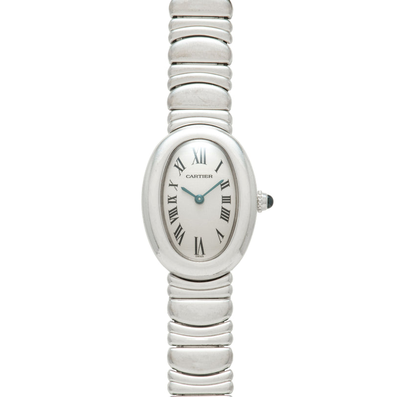 Silver-tone Cartier Baignoire watch with oval white dial, Roman numerals, and segmented metal bracelet.
