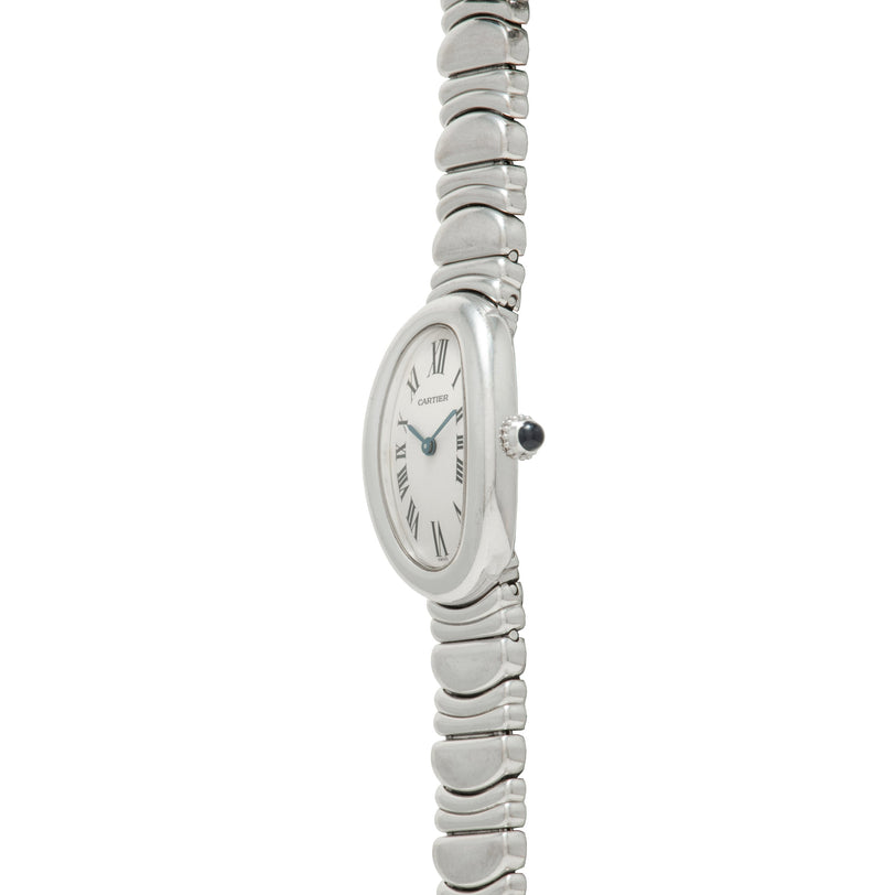Cartier Baignoire stainless steel watch with white dial, Roman numerals, and segmented bracelet.