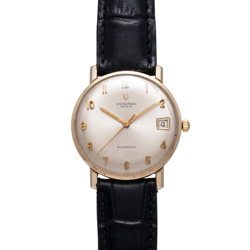Universal Geneve automatic watch with silver dial, gold-toned numerals and hands, date window, black leather strap.