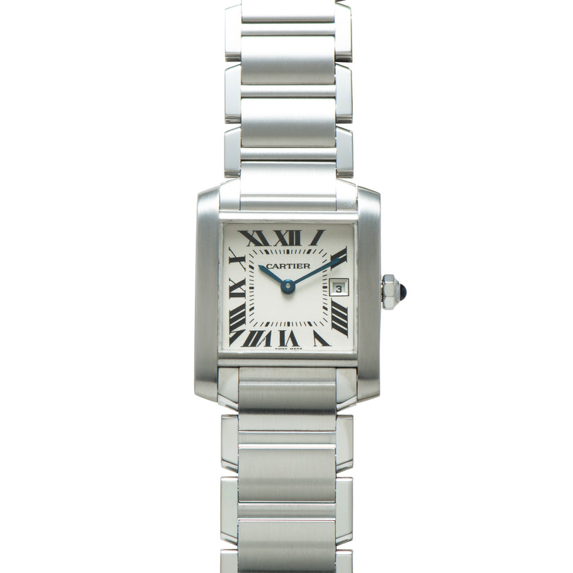 Stainless steel watch with rectangular case, cream dial, Roman numerals, date window, and matching link bracelet.