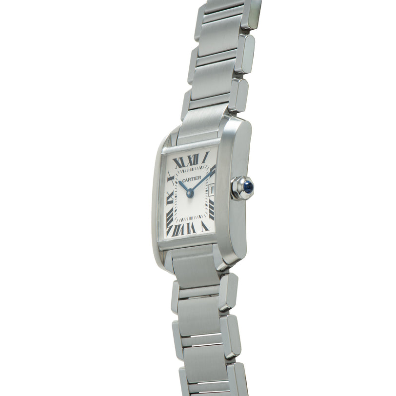 Stainless steel rectangular watch with white dial, Roman numerals, blue hands, and matching metal bracelet.