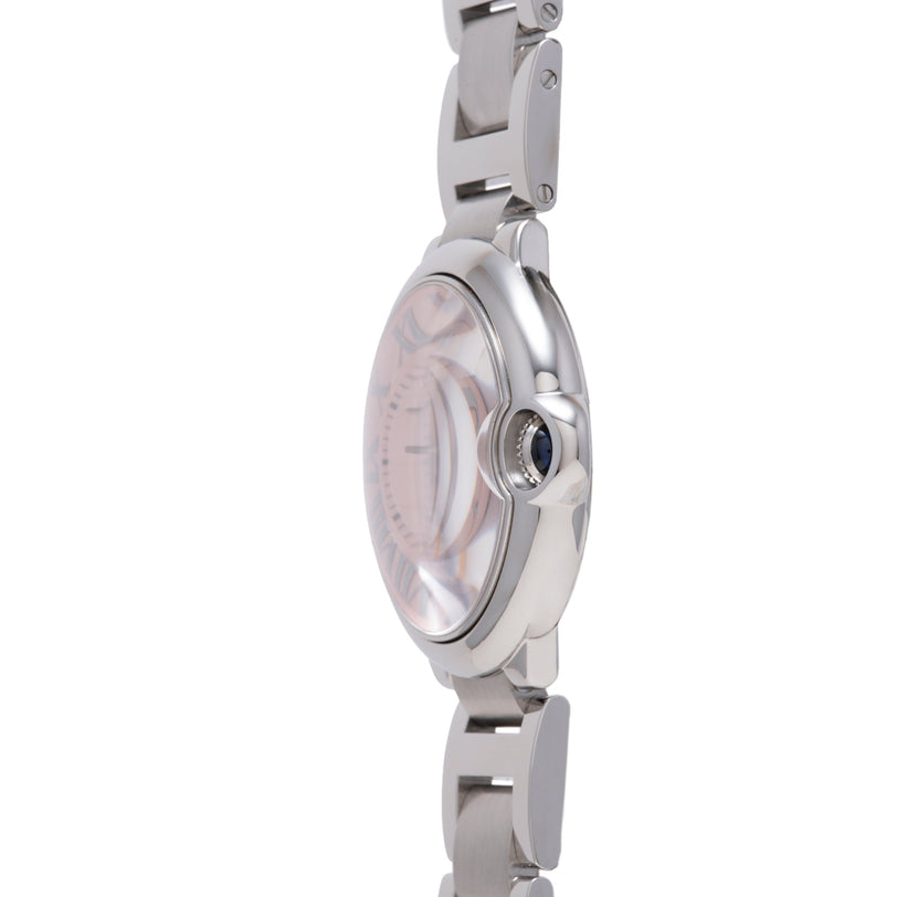 Cartier Ballon Bleu watch with steel case, round dial, blue crown, and steel bracelet shown from side profile.