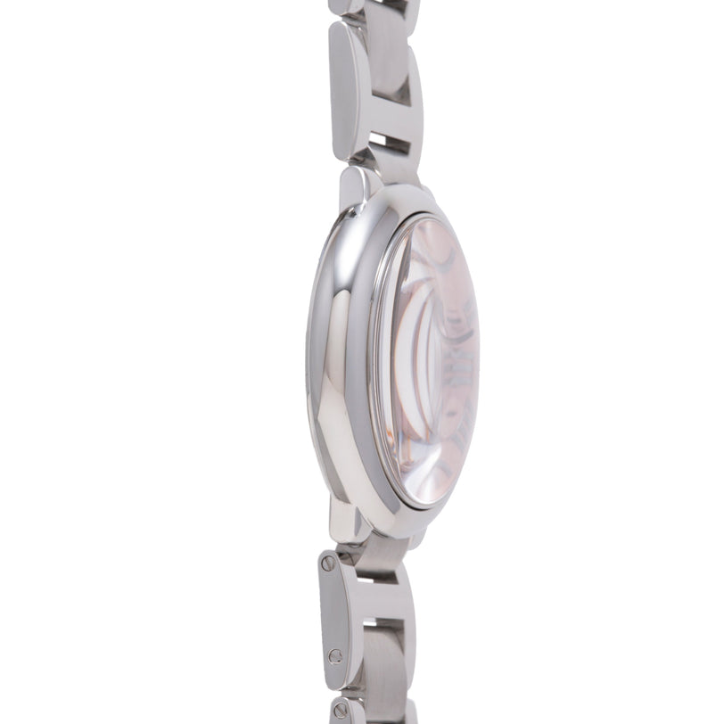 Stainless steel watch with round dial and matching bracelet, shown from the side angle.