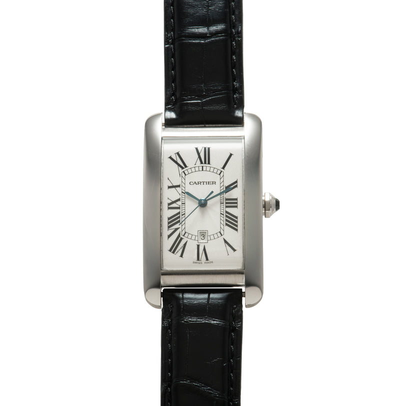 Cartier Tank Americaine watch with rectangular stainless steel case, cream dial, Roman numerals, and black leather strap.
