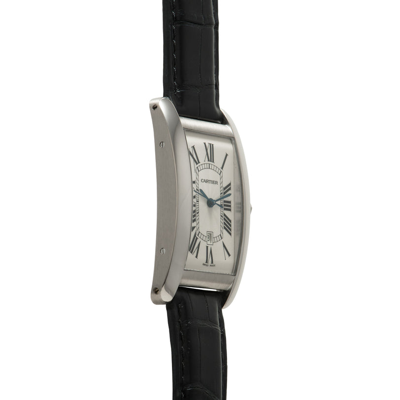 Silver rectangular watch with white dial, Roman numerals, and black leather crocodile-textured strap.