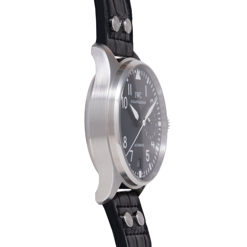 IWC Big Pilot watch with stainless steel case, black dial, and black leather strap with visible stitching.