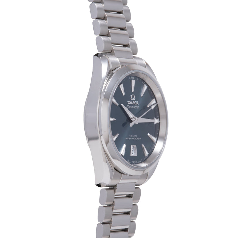 Omega Seamaster watch with dark blue dial, silver hour markers, date window, and stainless steel bracelet.