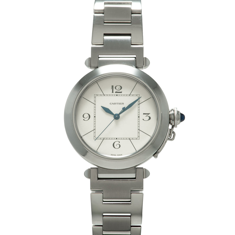 Stainless steel watch with cream dial, Arabic numerals, blue hands, and matching metal bracelet.