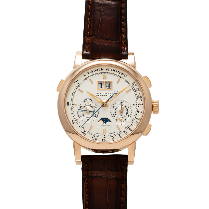 Gold-tone A. Lange & Söhne Datograph Perpetual Calendar watch with cream dial, chronograph subdials, moon phase display, and