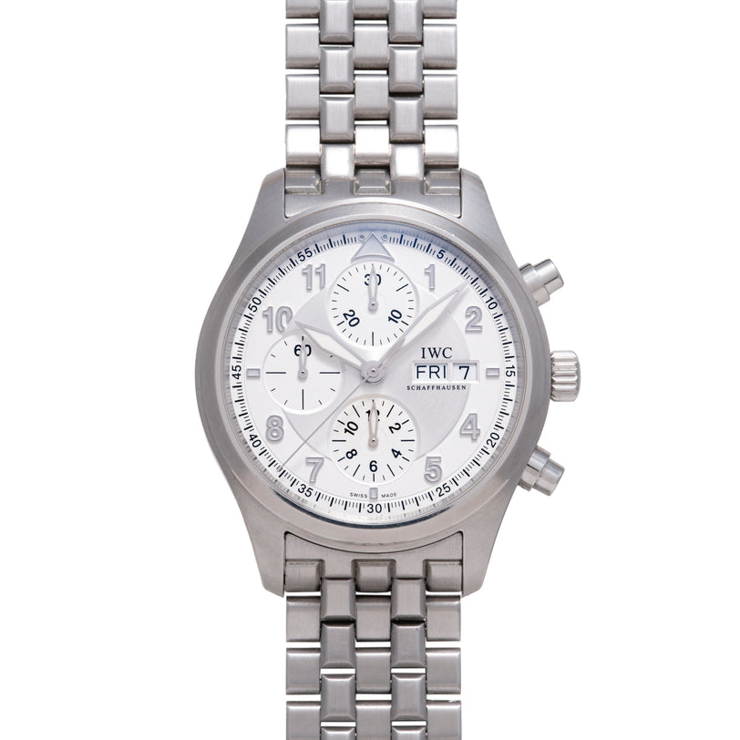 Stainless steel chronograph watch with white dial, three subdials, day-date window, and matching bracelet.