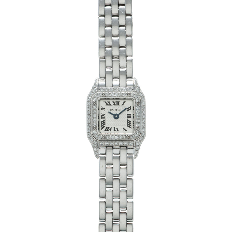 Cartier Panthere watch with diamond-set bezel, cream dial with Roman numerals, and stainless steel bracelet.