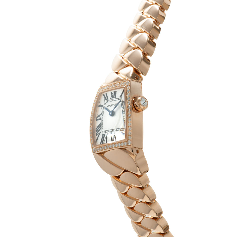 Rose gold watch with rectangular white dial, Roman numerals, diamond-set bezel, and matching rose gold panther-link bracelet.