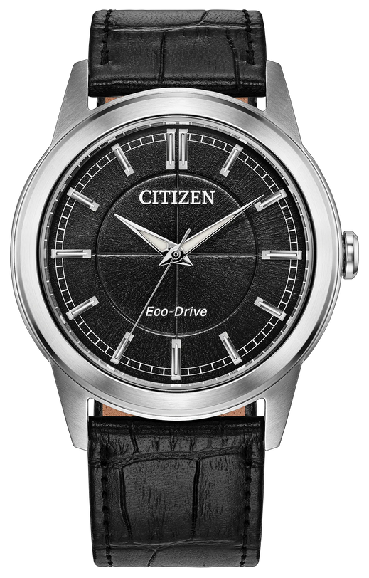 Citizen Rolan watch with 41mm silver case, black textured dial, silver hour markers and hands, Eco-Drive text, black leather