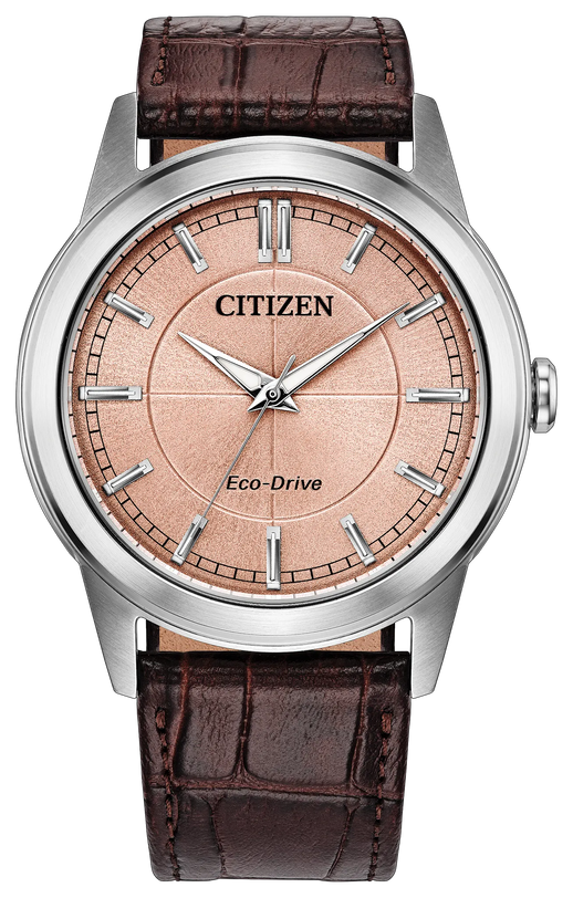 Citizen Eco-Drive watch with salmon dial, silver-tone case, and dark brown crocodile-embossed leather strap.