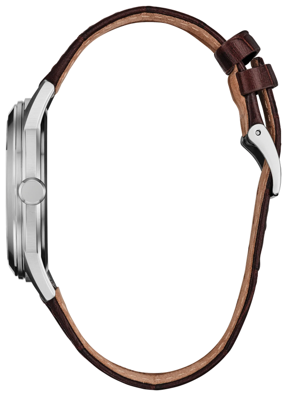 Rolan watch with silver case, salmon-colored dial, and dark brown leather strap with buckle closure.