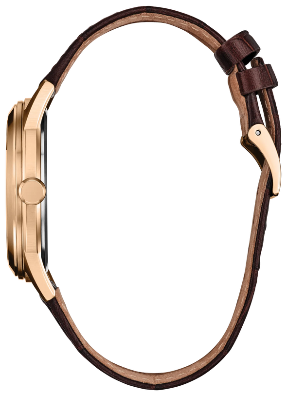 Brown leather watch with rose gold-tone 41mm case and buckle closure strap.