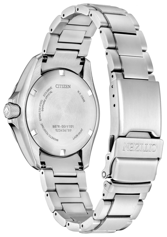 Citizen Promaster Land GMT stainless steel watch with silver dial and three-link bracelet, shown from back and side view.