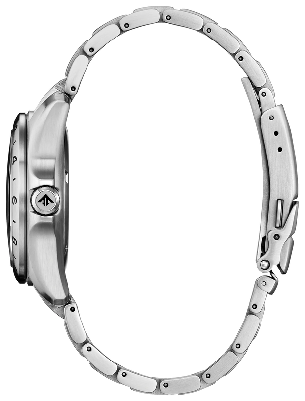 Stainless steel watch with 39mm round case and matching link bracelet shown from the side profile.