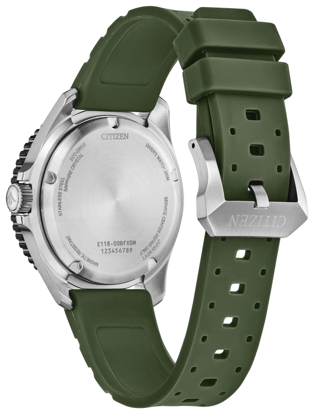 Citizen Promaster dive watch with stainless steel case, white dial, and olive green polyurethane strap with perforations.