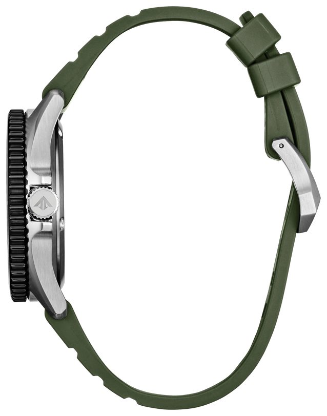 White dial dive watch with stainless steel case, black bezel, and olive green polyurethane strap shown from the side.