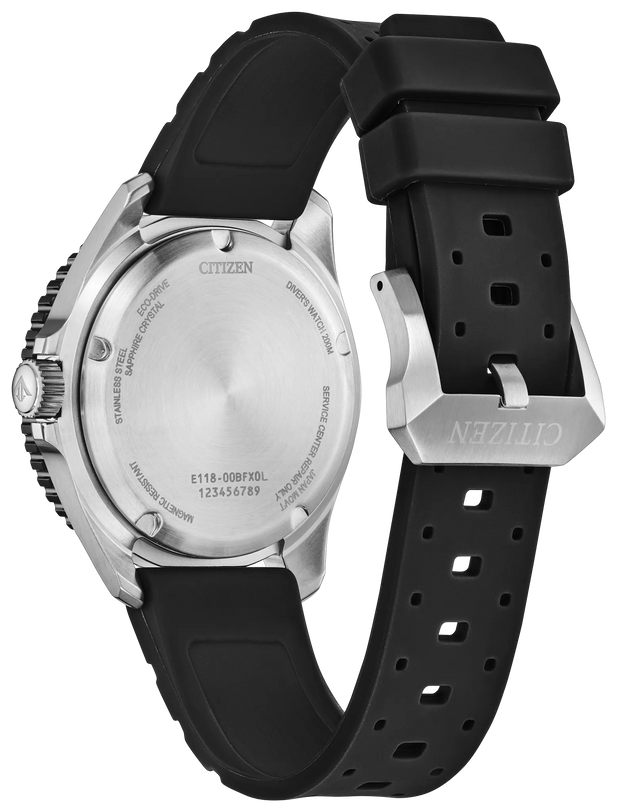 Black dial stainless steel watch with black rubber strap and stainless steel buckle, shown from back and front views.