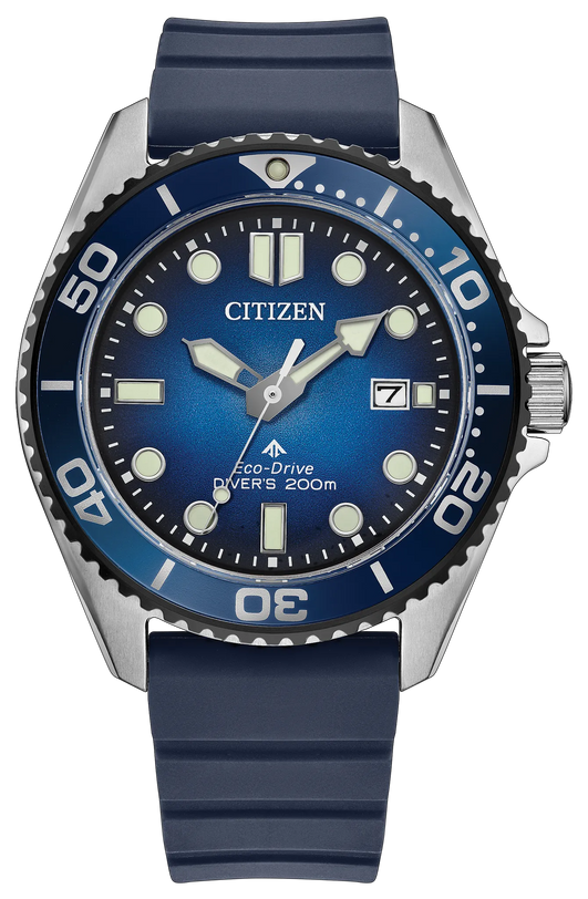 Citizen Promaster dive watch with stainless steel case, blue dial, rotating bezel, luminous hands and hour markers, and dark