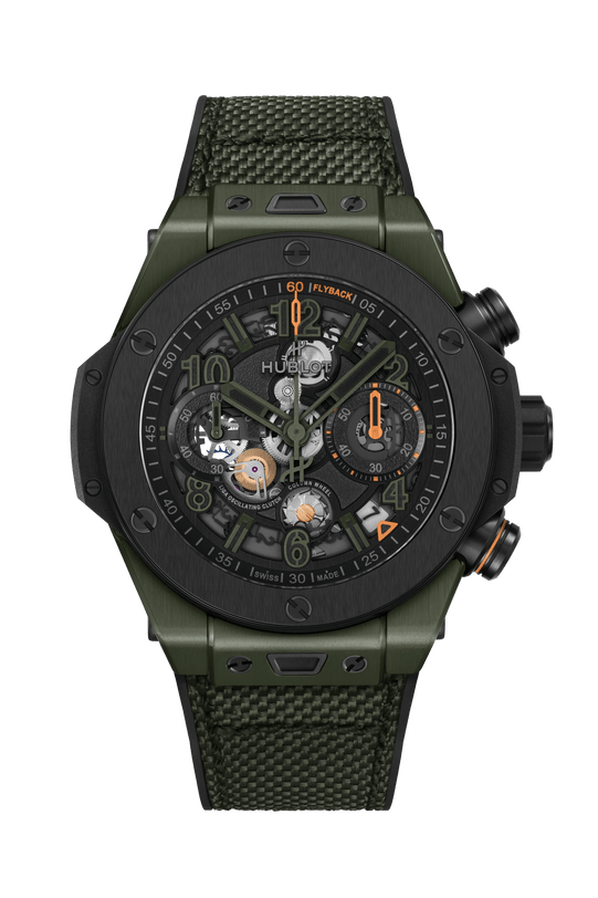 Dark green ceramic chronograph watch with black dial, skeleton movement, orange accents, and matching fabric strap.